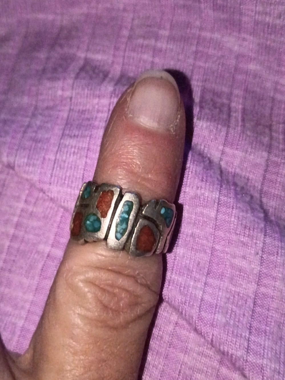 Sterling Silver Turquoise & Coral Inlay Women's Ring